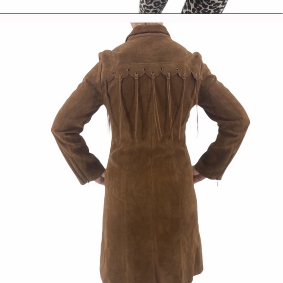Faux Suede long brown coat with fringe size medium - Picture 1 of 12
